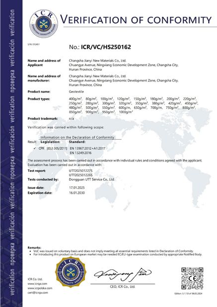 چین Changsha Jian-Yi New Material Co., Ltd. گواهینامه ها